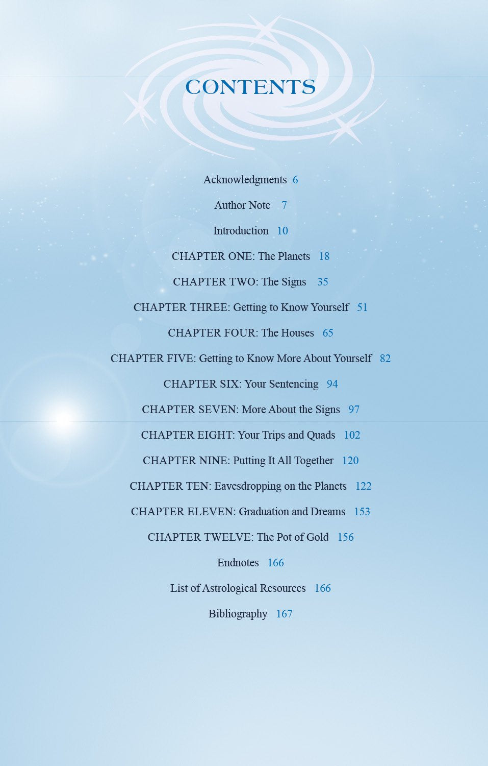 Table of contents for a book on astrology with a celestial design on a light blue background.