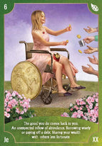 Card with a woman in a wheelchair receiving coins, surrounded by hands offering money, with a scenic background.