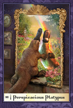 Illustration of a platypus looking into a mirror with a rainbow and garden reflection, framed as a tarot card titled 'Perspicacious Platypus'.