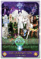Fantasy card featuring magical beings and creatures with a collaboration logo at the bottom.