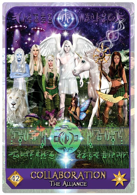 Fantasy card featuring magical beings and creatures with a collaboration logo at the bottom.