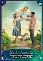 Card with a couple exchanging glasses of water, set against a scenic background with a house and trees.