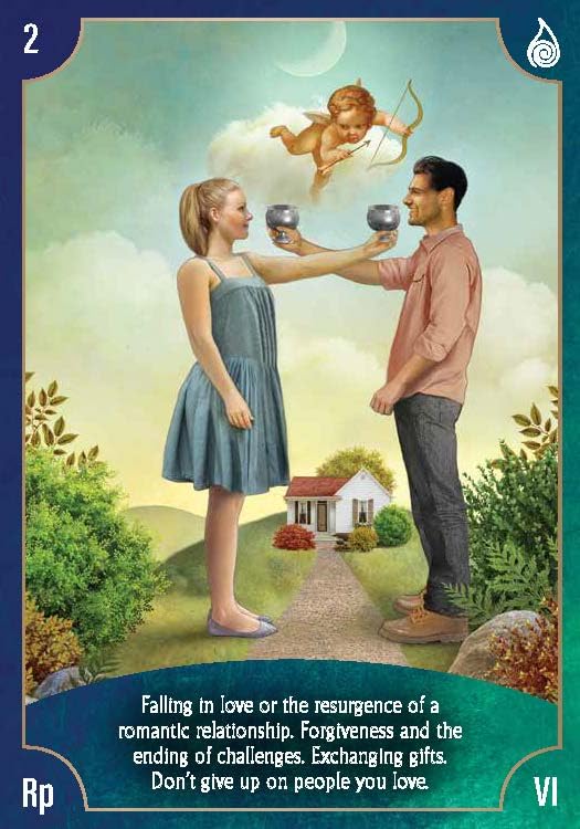 Card with a couple exchanging glasses of water, set against a scenic background with a house and trees.