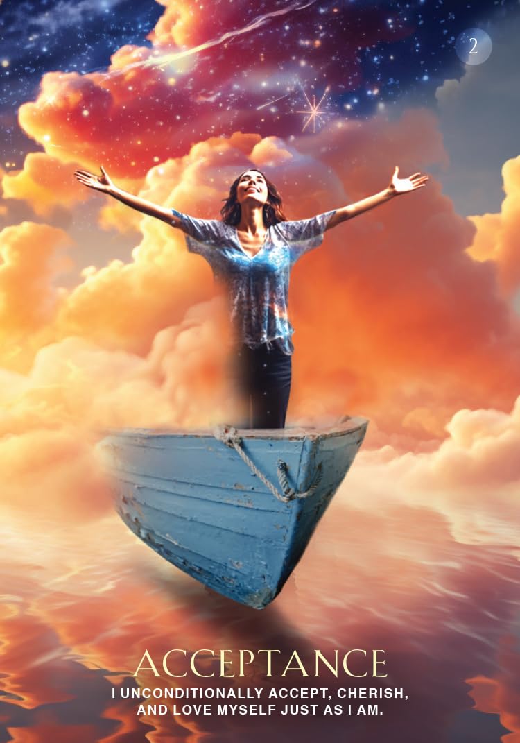 Woman in a blue boat amidst colorful clouds with 'Acceptance' text