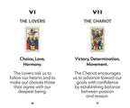 A spread of two tarot cards from a Rider-Waite-style deck, labeled VI THE LOVERS and VII THE CHARIOT, with text descriptions and small illustrated card art on a white background.