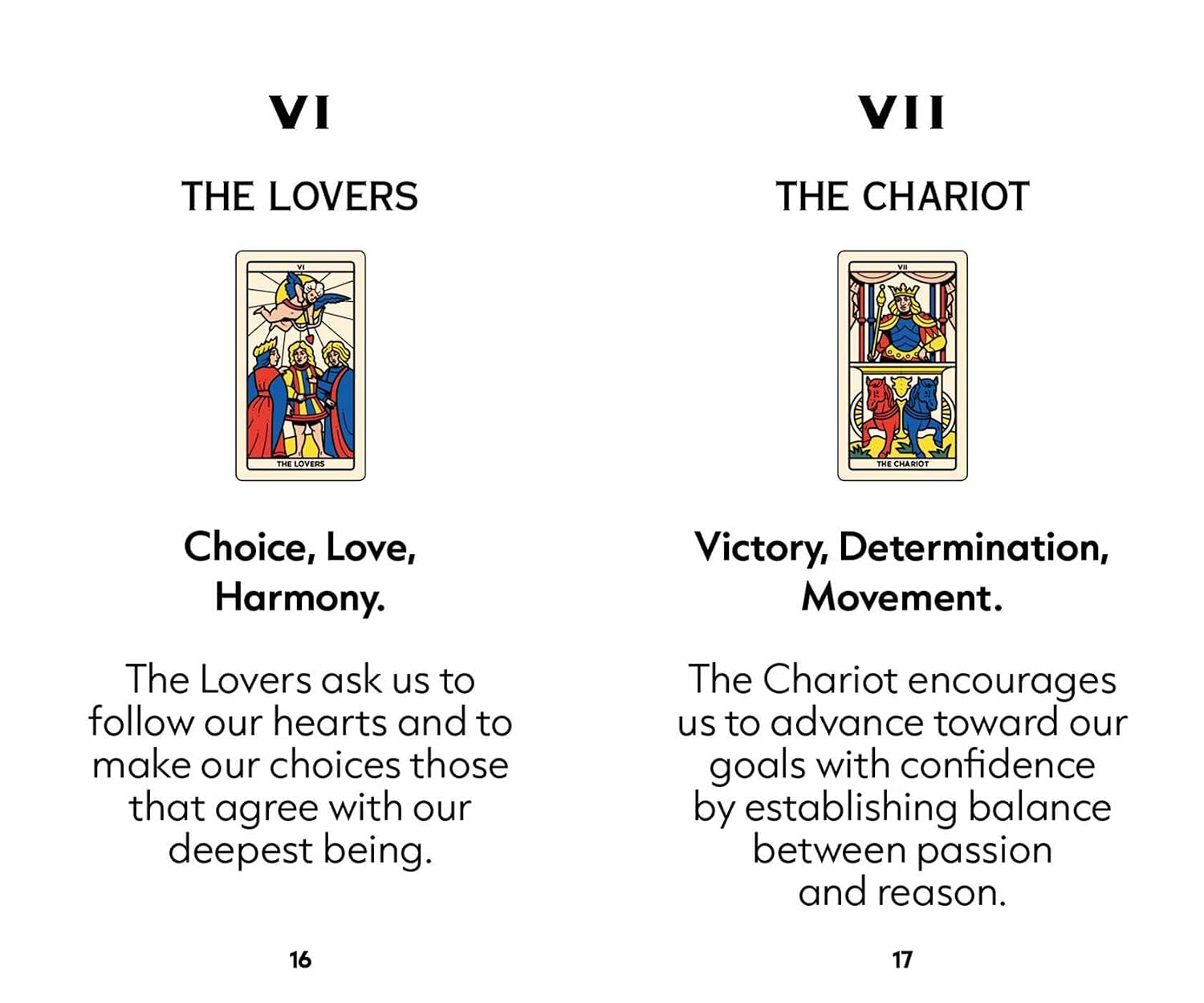 A spread of two tarot cards from a Rider-Waite-style deck, labeled VI THE LOVERS and VII THE CHARIOT, with text descriptions and small illustrated card art on a white background.