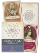 Four Magickal Spellcards with various designs and text on a white background