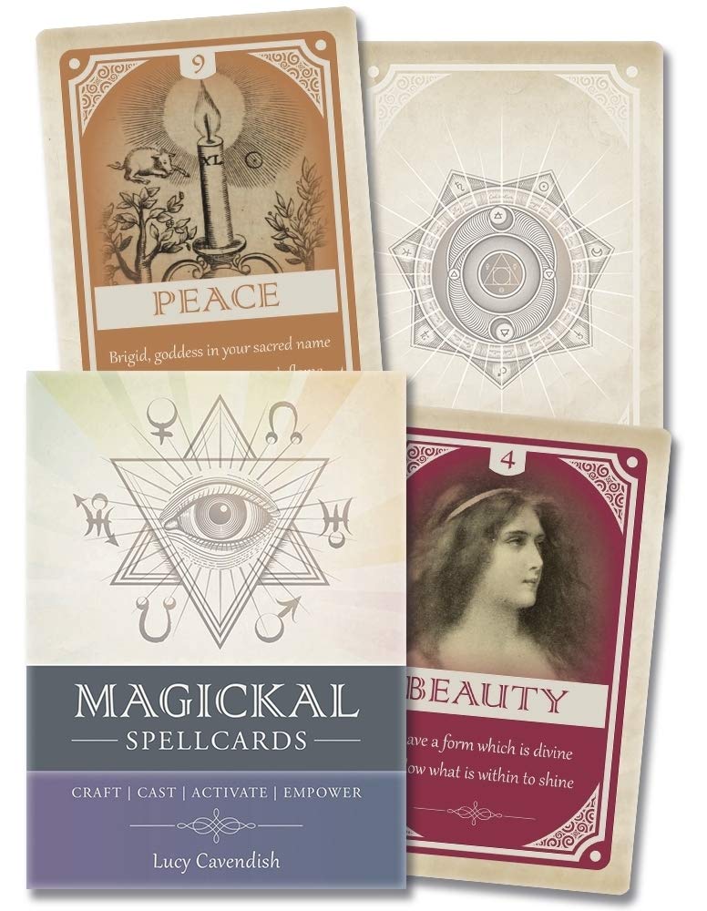 Four Magickal Spellcards with various designs and text on a white background