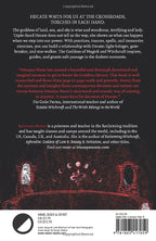 Back cover of the book 'Hecate Waits for Us at the Crossroads' by Irajanaya Moon, featuring a dark black background with red gothic-style illustrations of a woman in a veil and a cat, plus white text and a circular logo at the bottom.