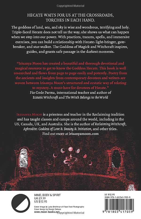 Back cover of the book 'Hecate Waits for Us at the Crossroads' by Irajanaya Moon, featuring a dark black background with red gothic-style illustrations of a woman in a veil and a cat, plus white text and a circular logo at the bottom.