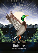 Card featuring a duck and duckweed with a mountain and moon background, labeled 'Balance'.