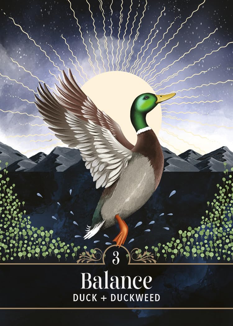 Card featuring a duck and duckweed with a mountain and moon background, labeled 'Balance'.