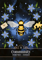 Illustration of a honeybee surrounded by blue flowers and a letter on a dark background, with 'Community Honeybee + Borage' text.