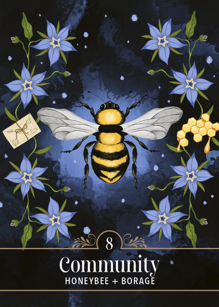 Illustration of a honeybee surrounded by blue flowers and a letter on a dark background, with 'Community Honeybee + Borage' text.