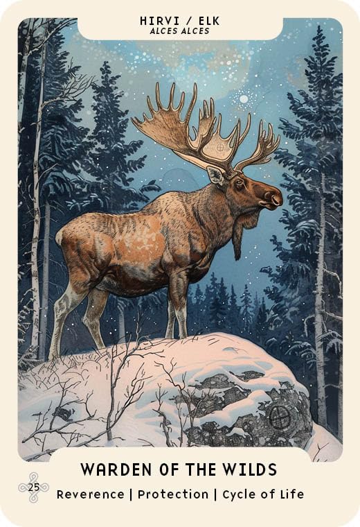 Card featuring an elk in a snowy forest with text 'Warden of the Wilds' at the bottom.