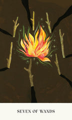 Card with a fiery design labeled 'Seven of Wands' on a dark background