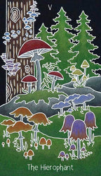 Illustration of mushrooms and trees with 'The Hierophant' text on a dark background