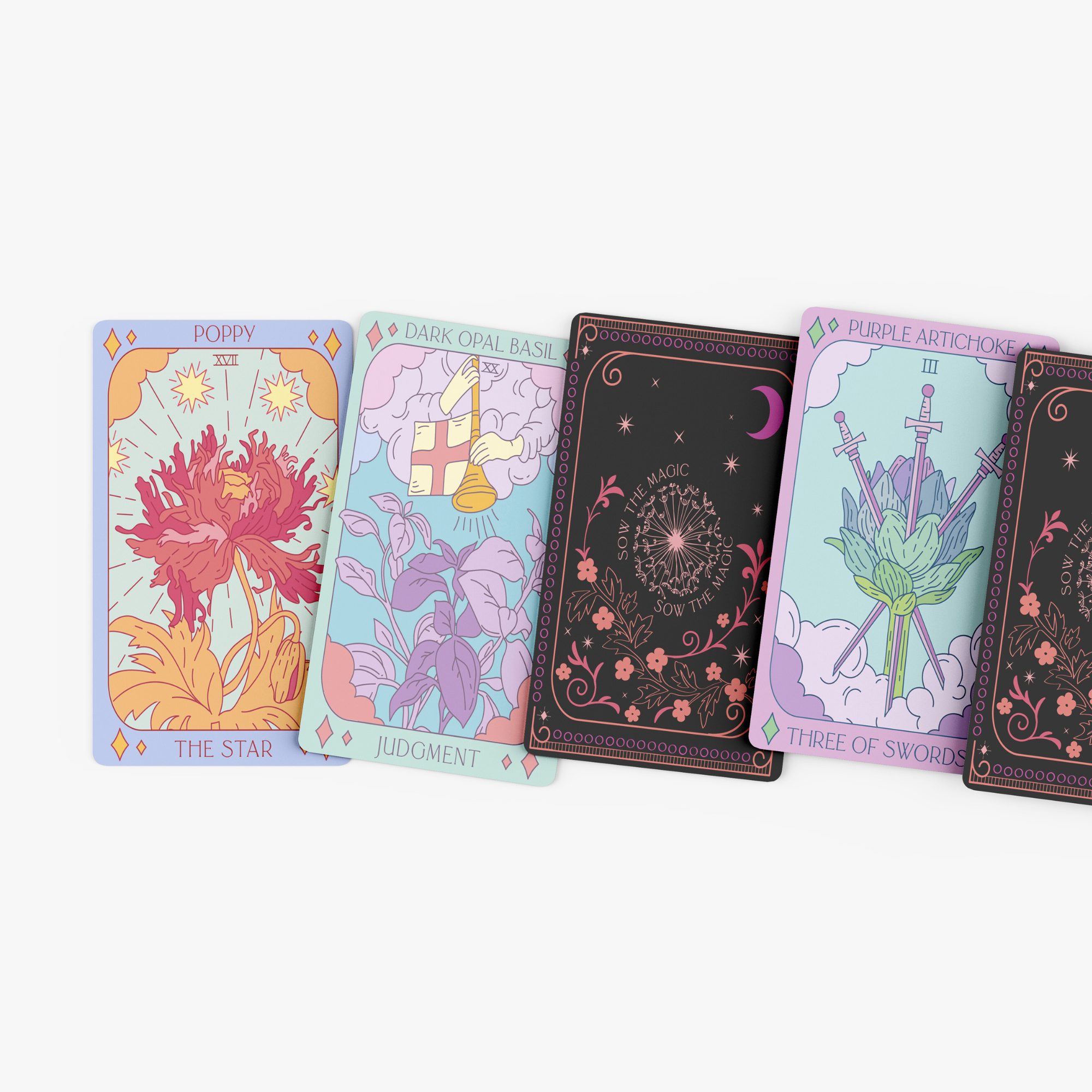 Set of tarot cards with colorful designs on a white background