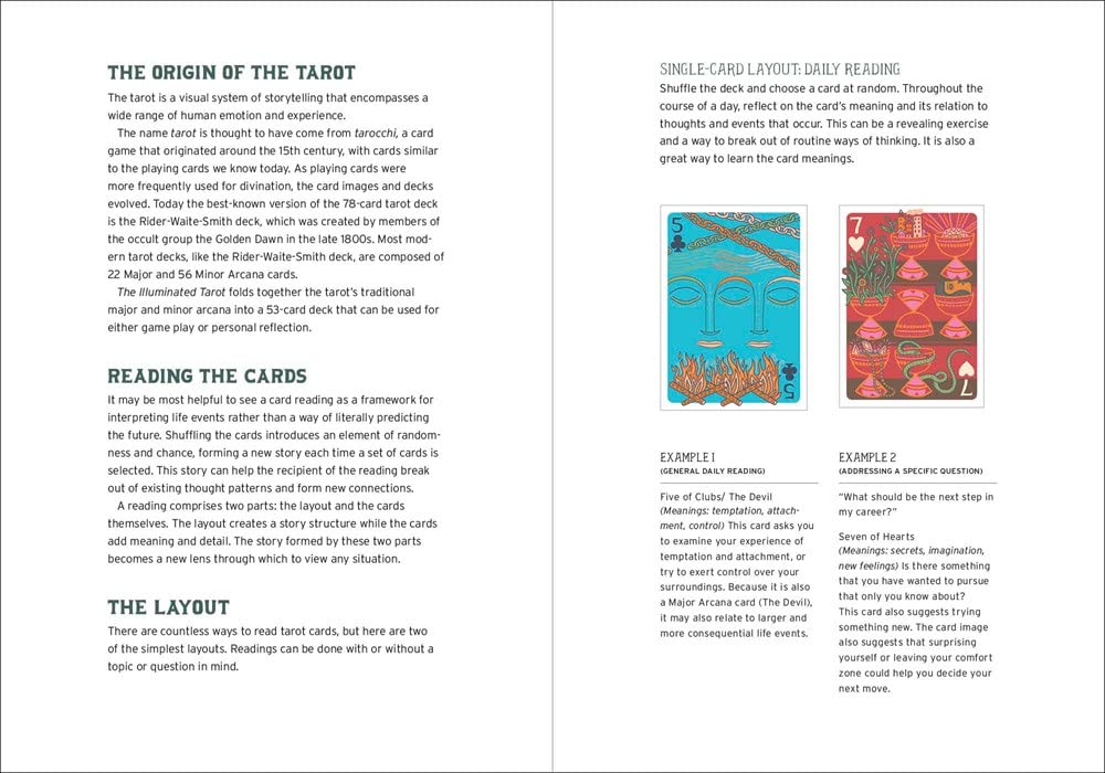 Open book showing pages about the Tarot with text and card images.