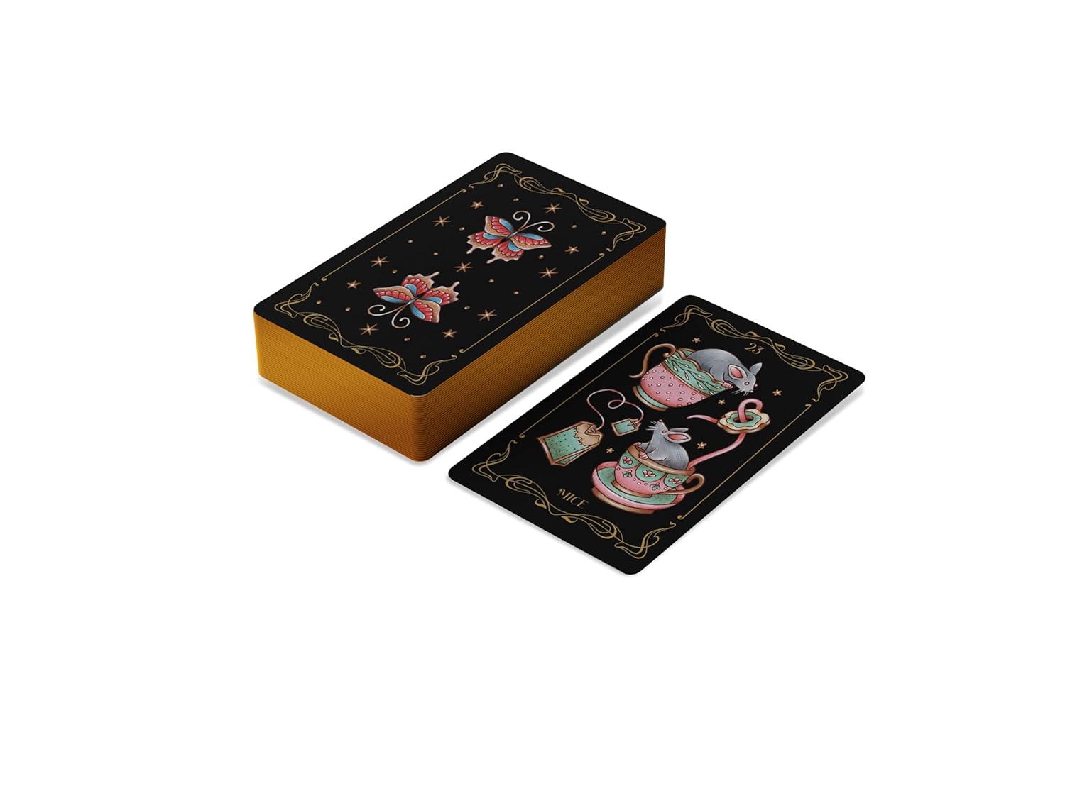 Decorative box and card with tea-themed illustrations on a white background