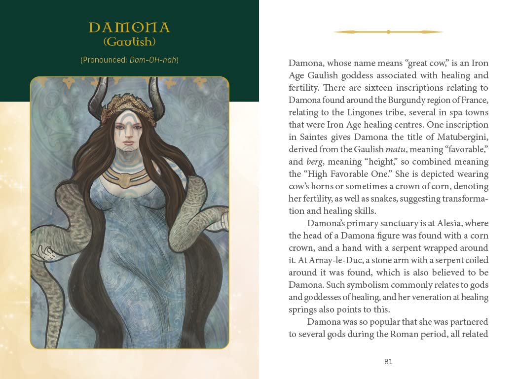 Illustration of a woman with horns and text about Damona, an Iron Age Gaulish goddess.