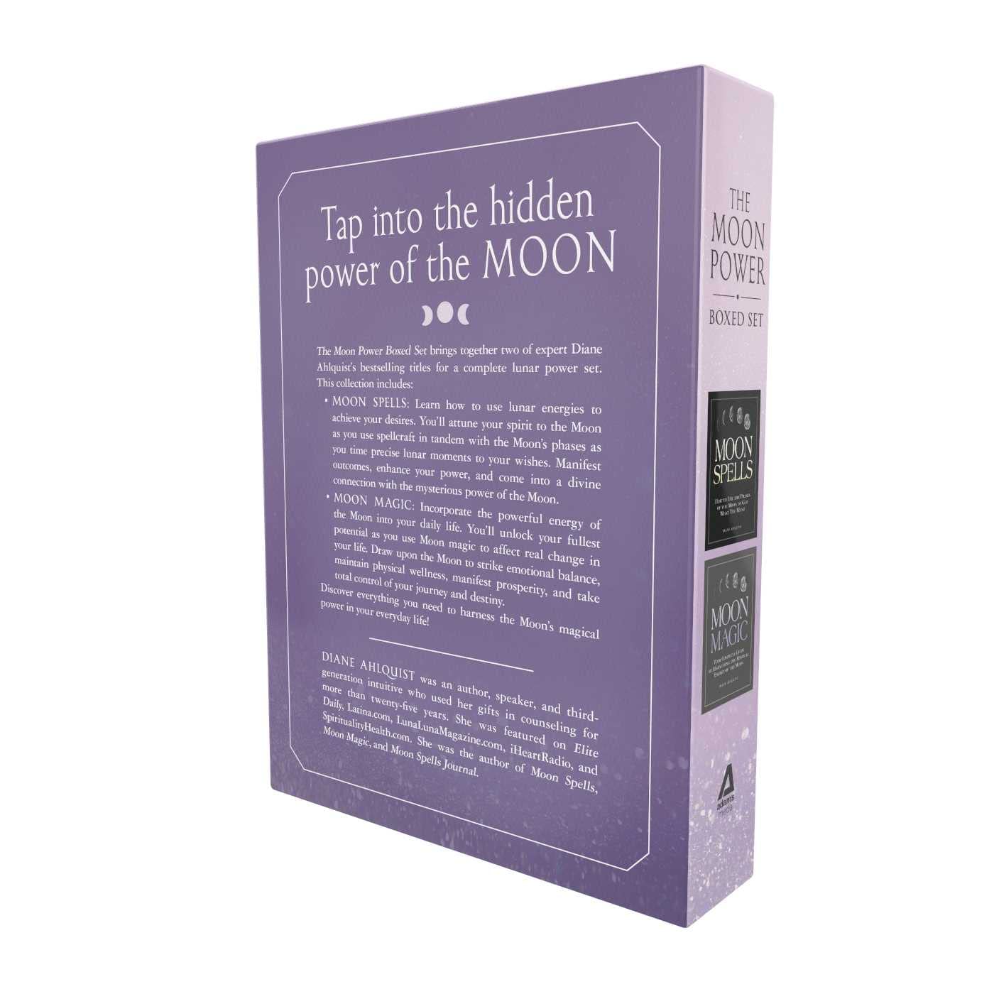 A boxed set titled "The Moon Power: Boomed Set" shown at an angle on a plain white background. The box is predominantly lavender-purple with white text and small moon graphics, plus two dark green label panels on the side.