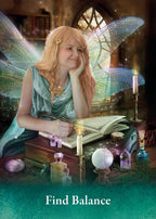 Fairy character with wings sitting at a table with books and candles, with 'Find Balance' text.