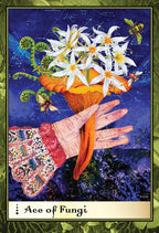 Card titled 'Ace of Fungi' featuring a hand holding a mushroom with flowers against a starry night sky.