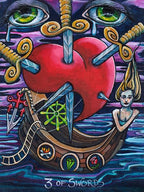 Artistic depiction of a tarot card with a heart, swords, and a ship, titled '3 of Swords'.