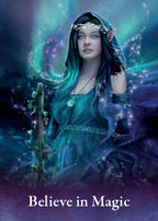 Elven character with glowing blue hair and staff, surrounded by magical energy, with 'Believe in Magic' text.