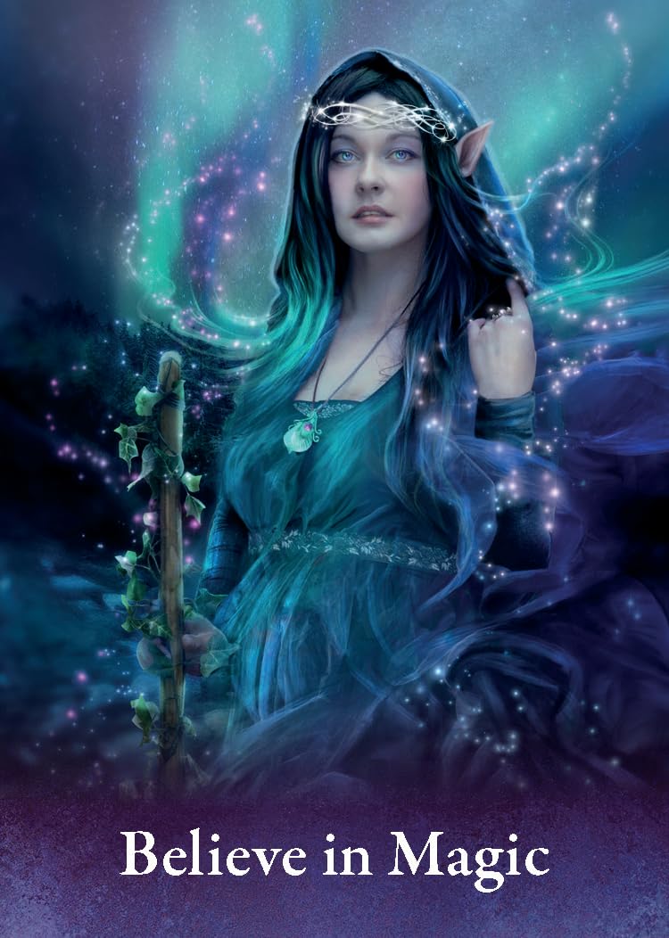 Elven character with glowing blue hair and staff, surrounded by magical energy, with 'Believe in Magic' text.