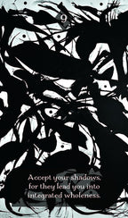 Black and white abstract design with text 'Accept your shadows, for they lead you into integrated wholeness.'