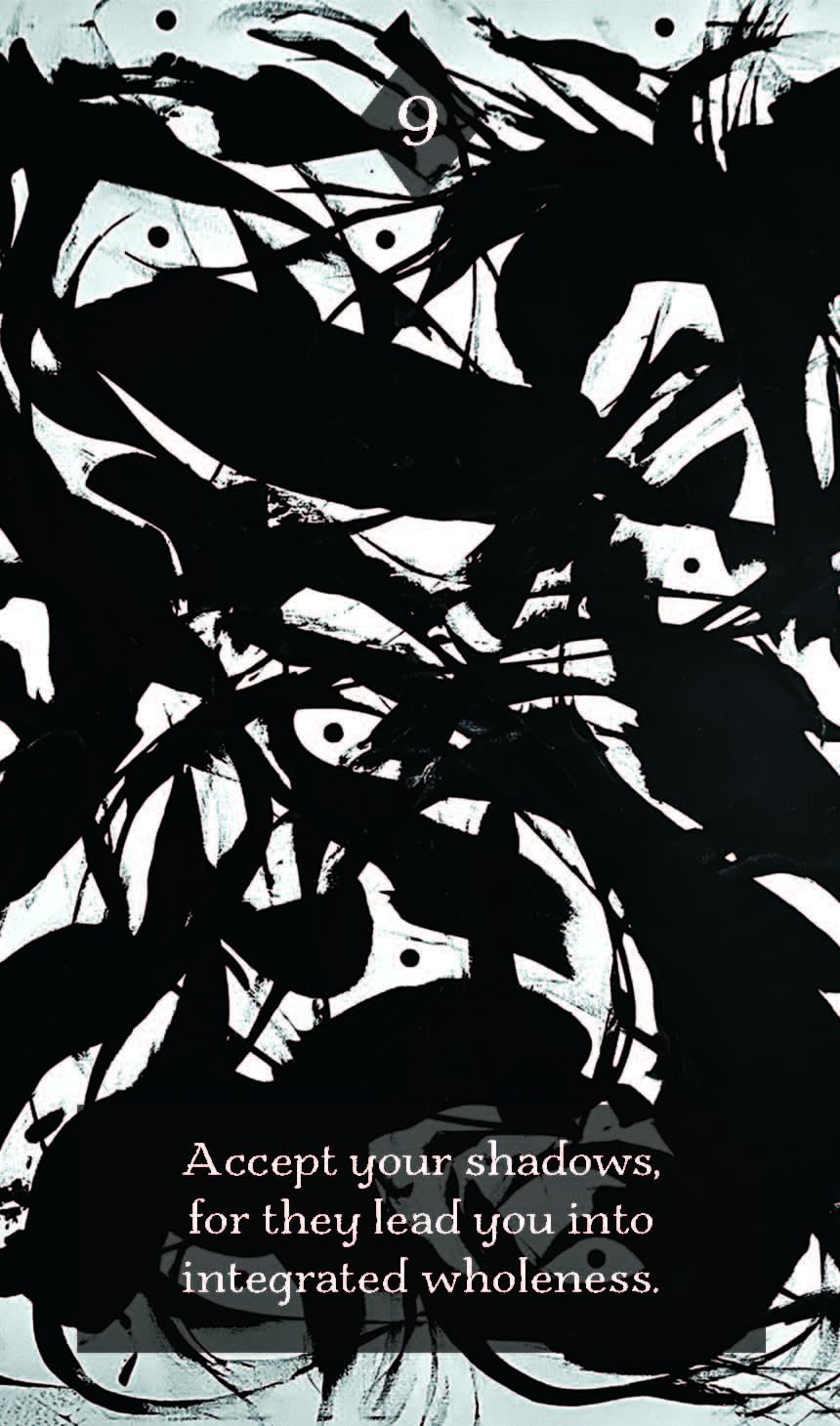 Black and white abstract design with text 'Accept your shadows, for they lead you into integrated wholeness.'