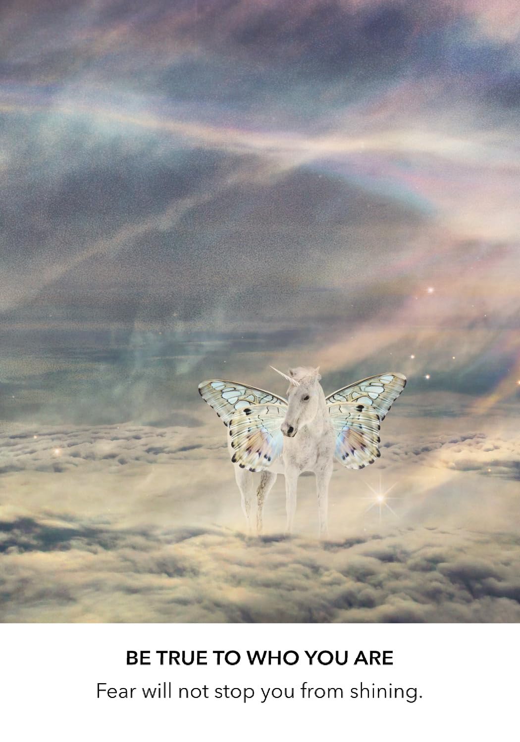 Butterfly-like creature standing on a cloud with a motivational quote below.