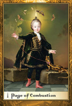 Child in formal attire with a dragon and butterflies, titled 'Page of Combustion'.