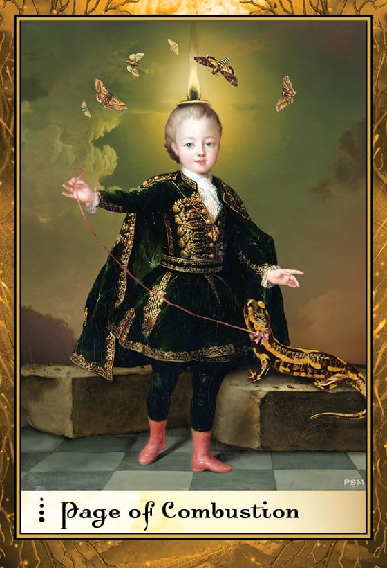 Child in formal attire with a dragon and butterflies, titled 'Page of Combustion'.