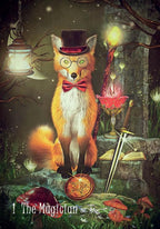 Fox in a magician's outfit with a candle and sword in a mystical setting