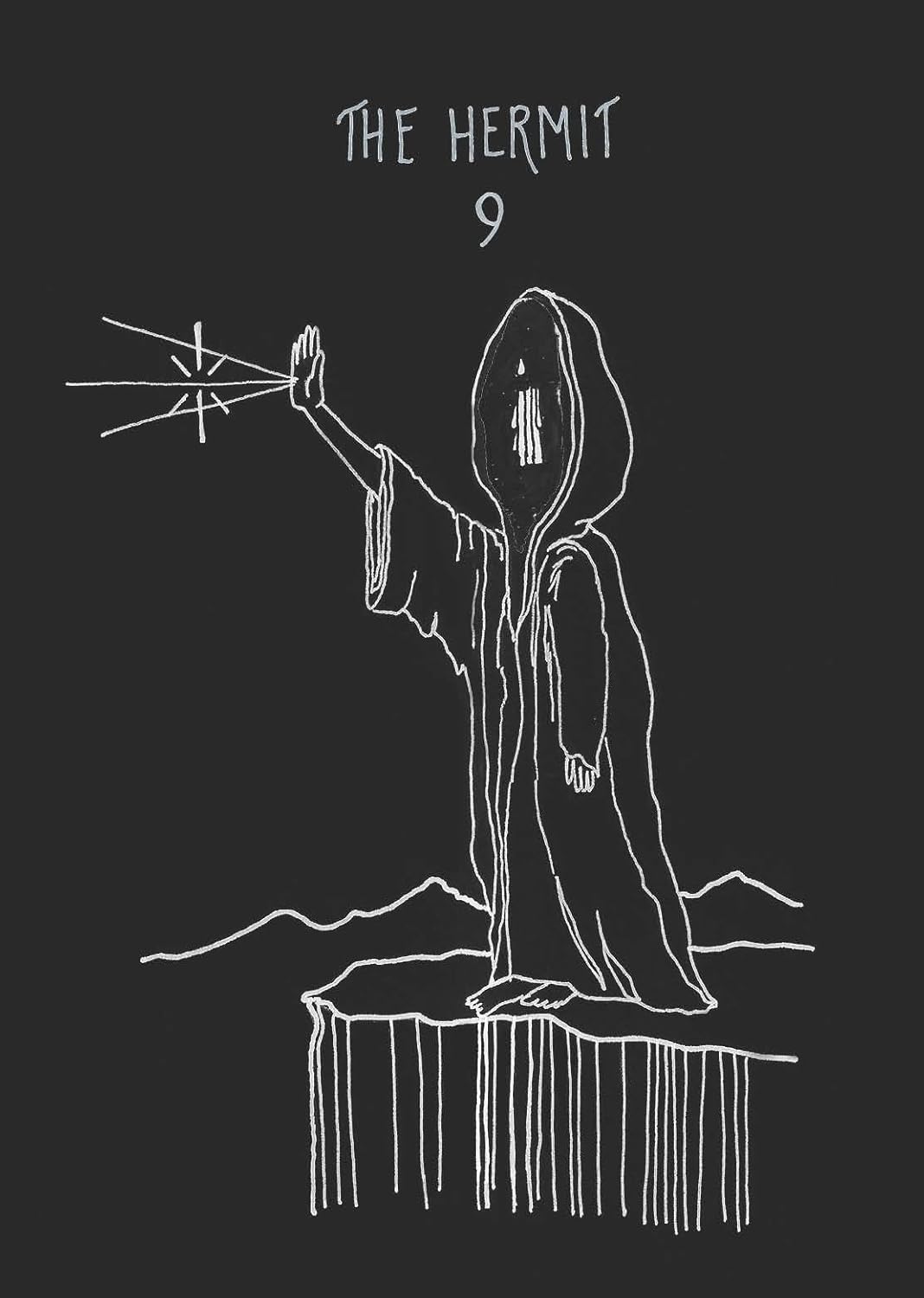 Illustration of 'The Hermit' tarot card with a hooded figure on a dark background