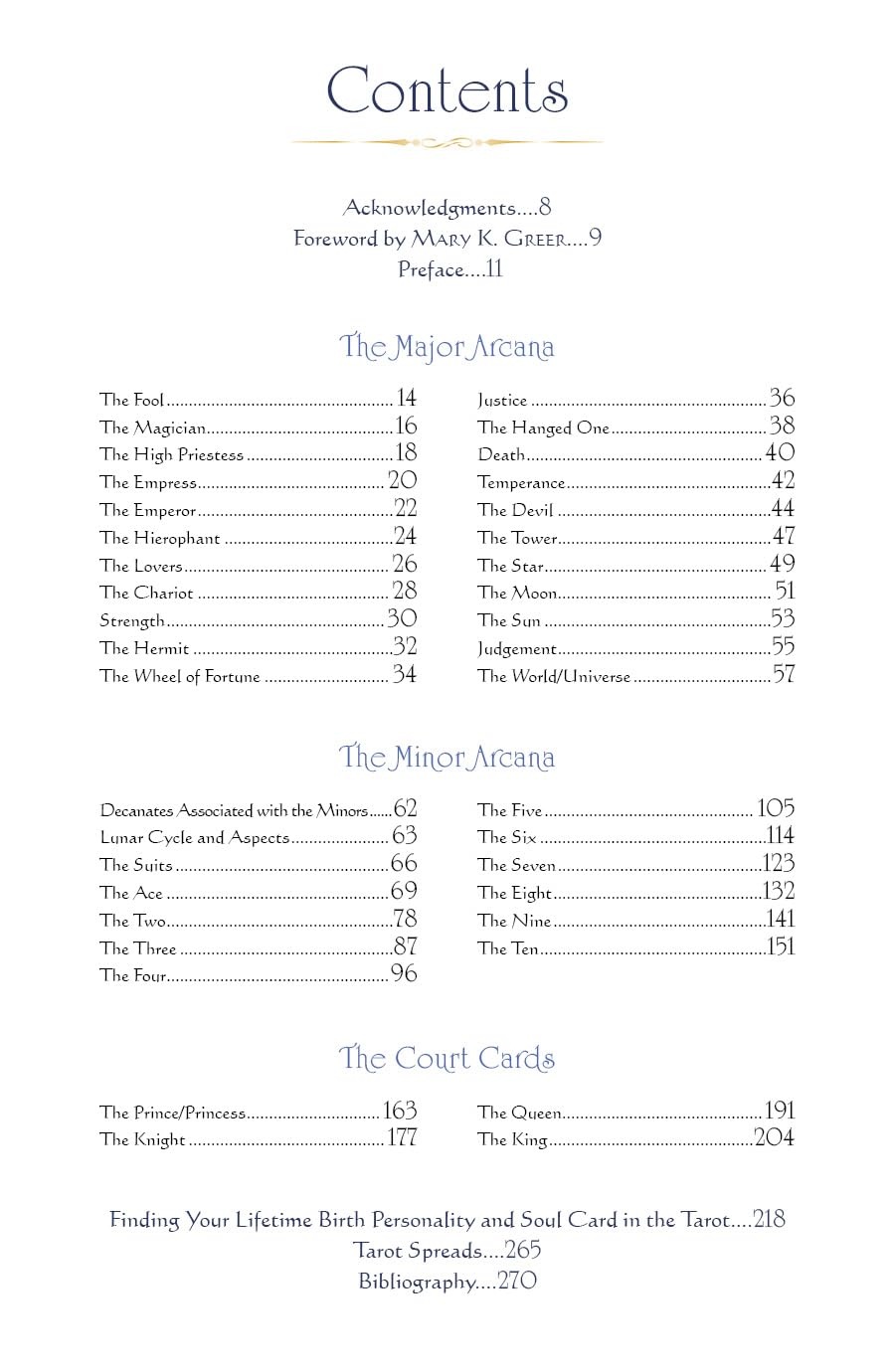 Table of contents page for a tarot book with chapter headings and page numbers.