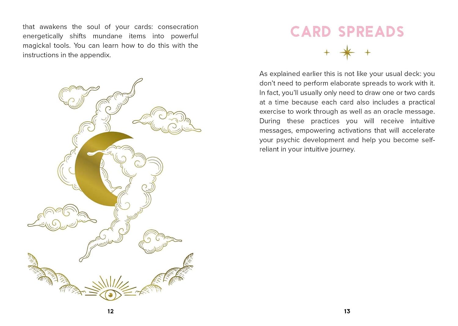 A printed page from a card deck or spiritual guidebook with text about card spreads and a decorative illustration showing a gold crescent moon, clouds, and a sun over water.