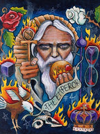 Artistic depiction of 'The Emperor' card from a tarot deck, featuring a robed figure with symbols and elements around.