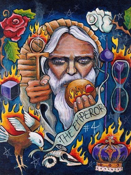 Artistic depiction of 'The Emperor' card from a tarot deck, featuring a robed figure with symbols and elements around.