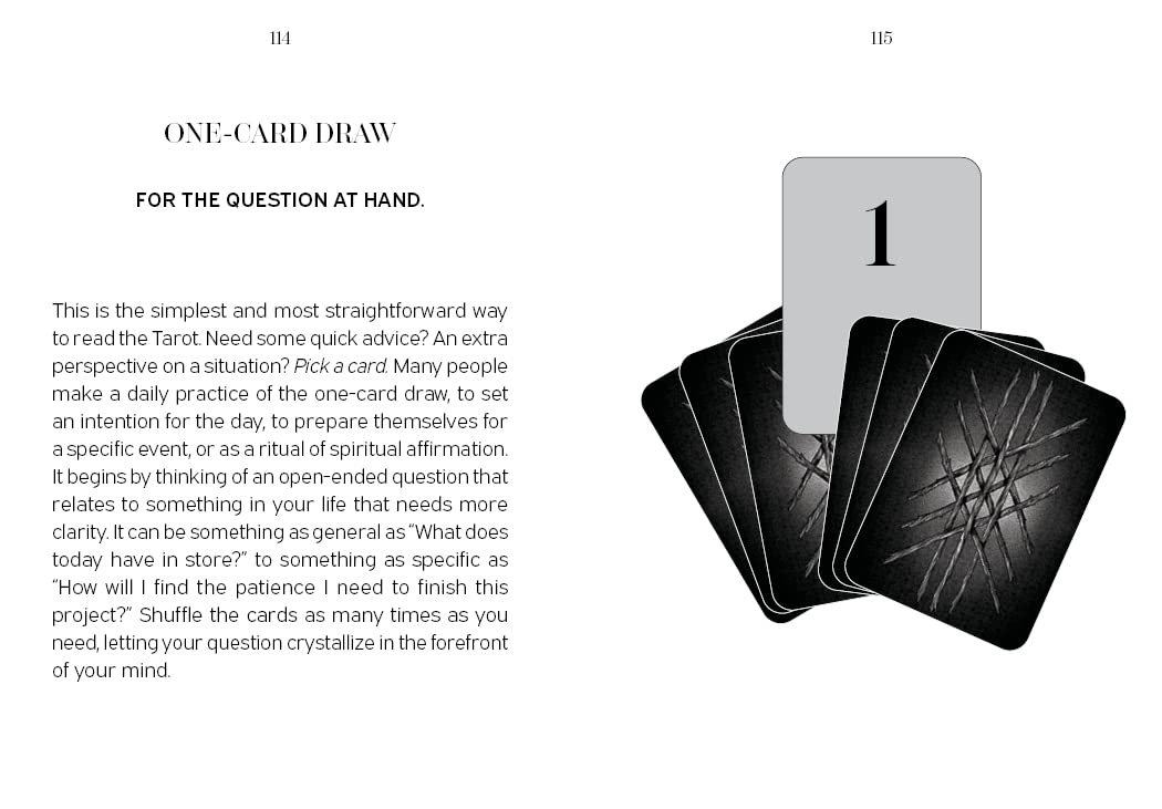 Black tarot cards with one card lifted, text on a white background