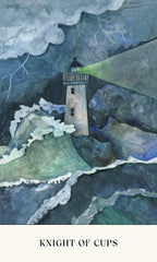 Artistic depiction of a lighthouse on an island with stormy sea and clouds, labeled 'Knight of Cups'.