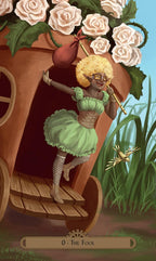 Card from a tarot deck featuring a character in a green dress with a flowered background.