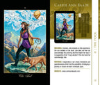 Illustration of a woman with a dog and a skull in the sky, with text about 'The Fool' card by Carrie Ann Baade.