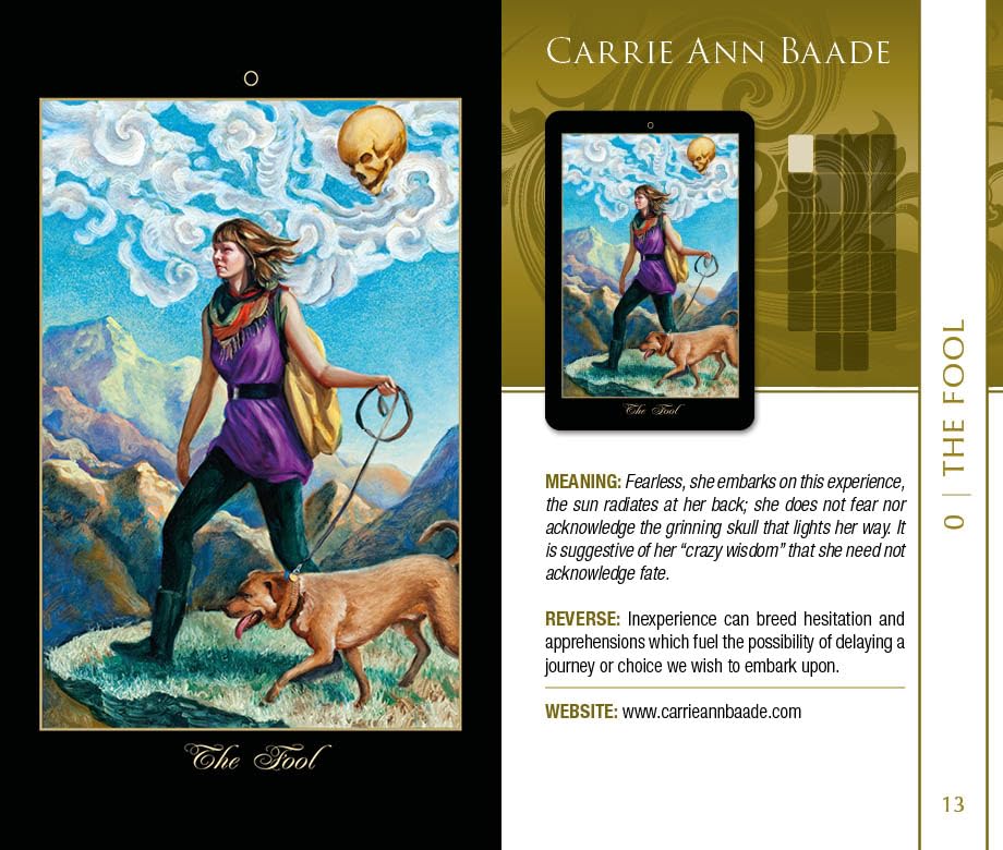 Illustration of a woman with a dog and a skull in the sky, with text about 'The Fool' card by Carrie Ann Baade.