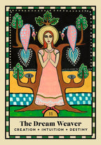 A tarot-style art print card titled 'The Dream Weaver' with the subtitle 'CREATION + INTUITION + DESTINY'. The illustration features a central female figure in a pink dress standing under a tree with pink and blue birds, set against a black sky and a green patterned border.