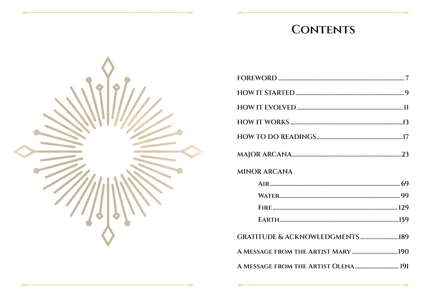 Table of contents with a decorative star design on a white background