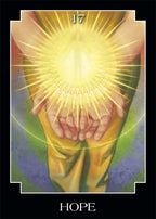 Card with hands holding a radiant light, labeled 'Hope' and numbered '17'.